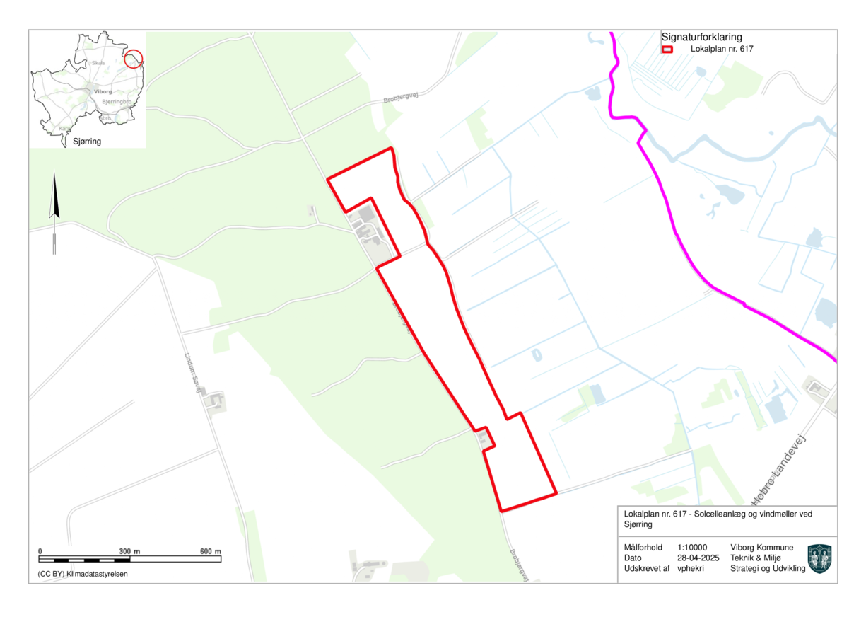 Kort over området for solcelleanlæg og vindmøller ved Sjørring