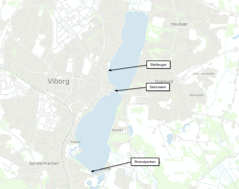 Grafisk kort over Nørresø og Søndersø i Viborg. Bådpladserne er markeret.